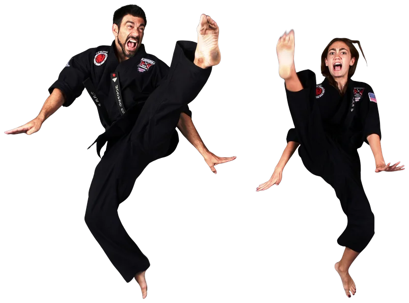 Two Red Dragon black belts mid jump kick